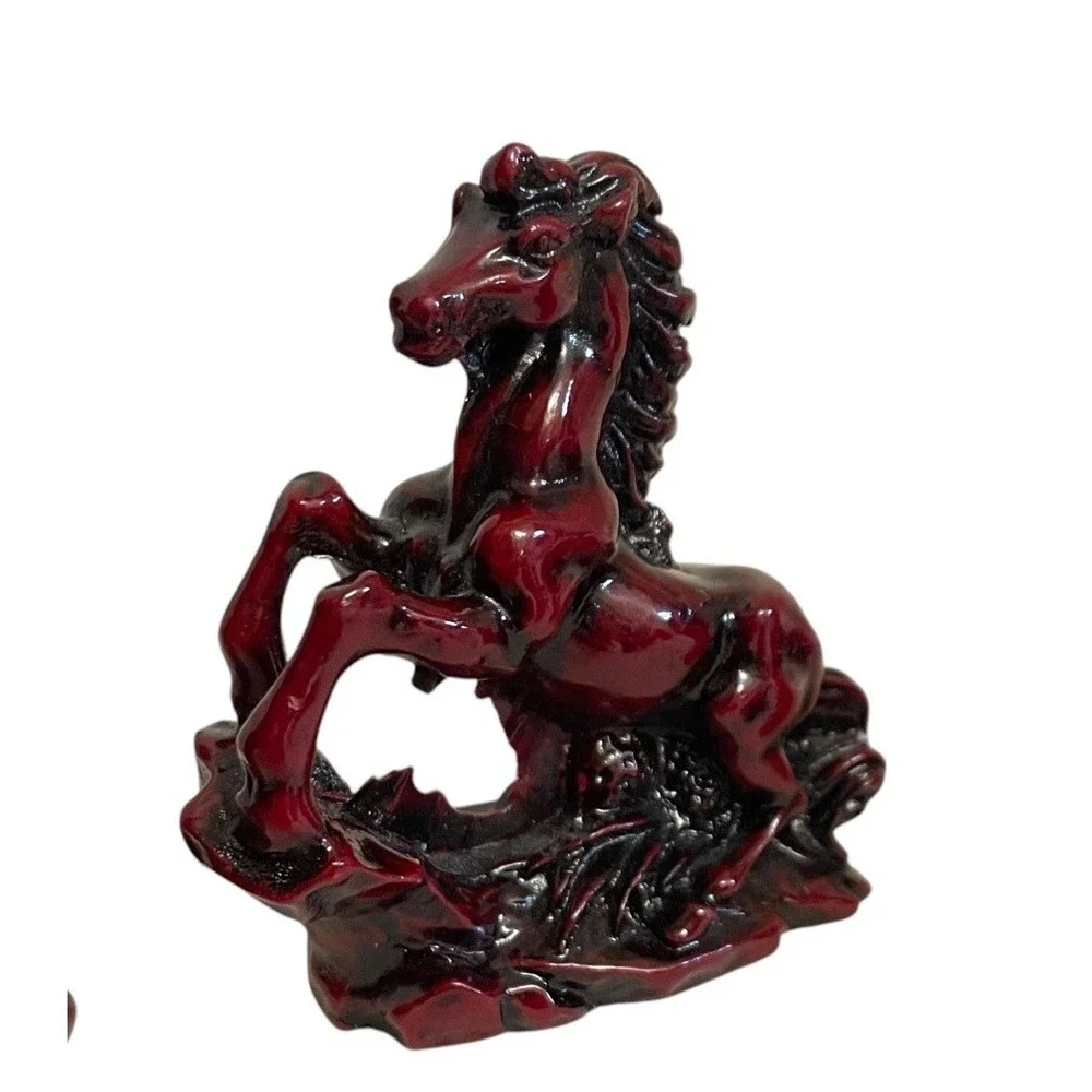 VTG Galloping Horse Figurine Set Home Decor Small Burgundy Red Cinnabar Style
